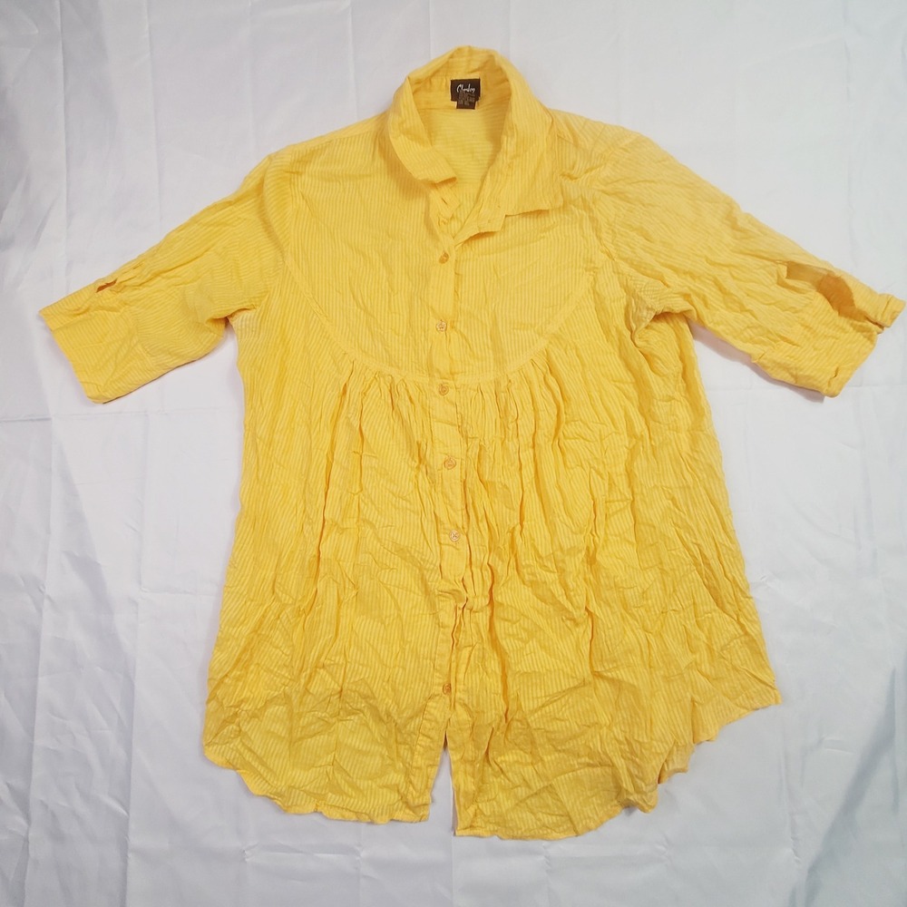 Chesley Womens XL Button Up Tunic Shirt XL Yellow Striped Cotton Empire Waist K7